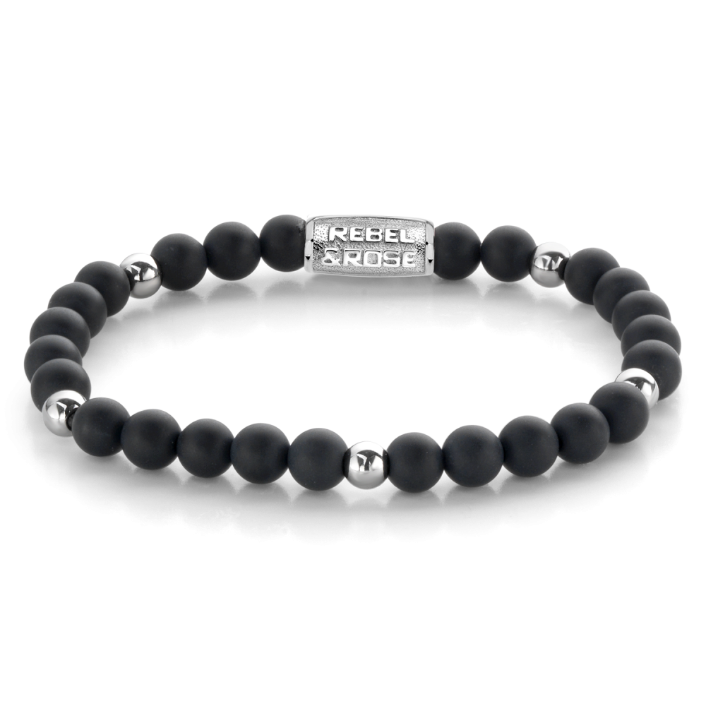 Schwarzes 6mm Perlenarmband für Damen mit matten Perlen und silbernen Akzenten