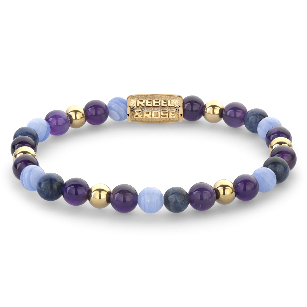 Kralenarmband für Damen mit lila und blauen Steinen sowie goldenen Akzenten