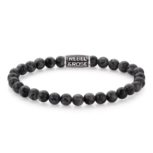 Herren Kettenarmband mit grauen Perlen und silbernem Element in der Mitte