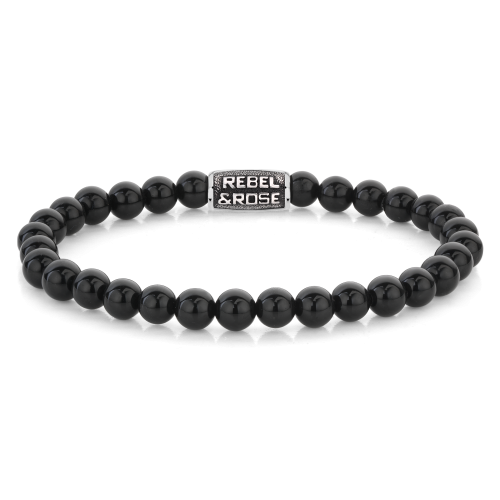 Herrenarmband aus schwarzen Perlen mit silbernem Element und Logo in der Mitte