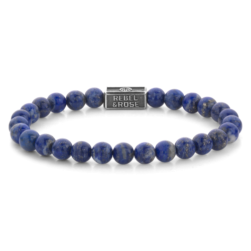 Kugelkette aus blauen Steinen mit silberner Plakette
