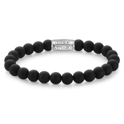 Herrenarmband aus mattem schwarzen Onyx mit silberner Plakette und Logo