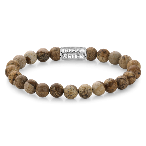 Herren Armband aus 8 mm großen, braunen Perlen mit silberner Platte und Gravur