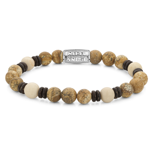 Herrenarmband mit 8 mm großen, braunen und beigen Perlen sowie silberner Zwischenplatte