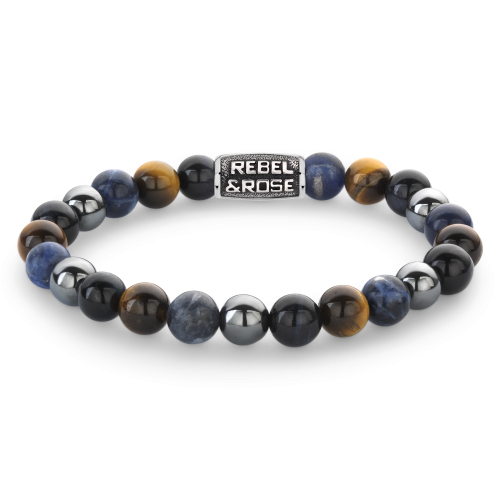 Herrenarmband aus 8 mm großen Perlen in Blau- und Grautönen mit silberner Zwischenperle