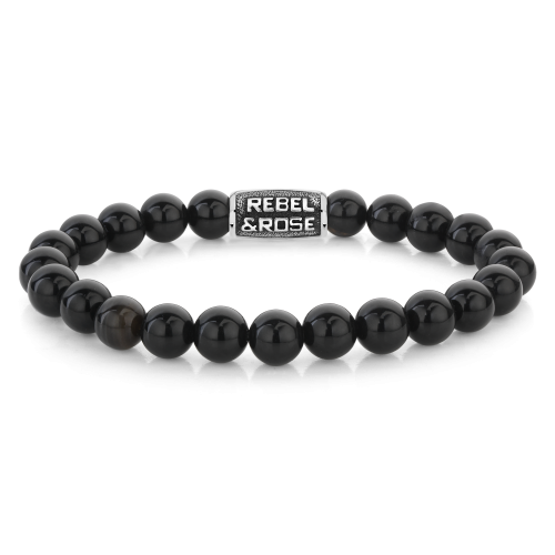 Herrenarmband aus schwarzen Perlen mit silberner Platte und gravierter Marke