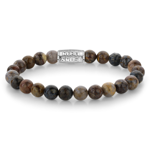 Herrenarmband mit 8 mm großen, mehrfarbigen Steinperlen und silbernem Verschluss