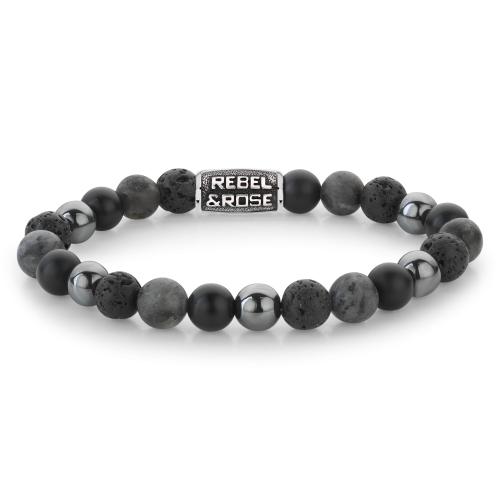 Kugelkette für Herren mit grauen und schwarzen Steinen, verziert mit einem silbernen Element