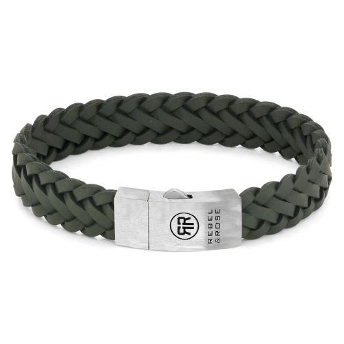Geflochtene, matte Herrenarmband aus grünem Leder mit silberner Verschlussplatte