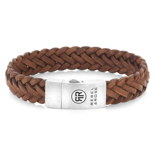 Herrenarmband aus geflochtenem, mattem Cognac-Leder mit silberner Schließe