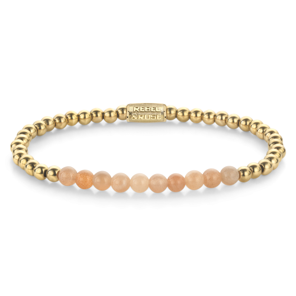 Kettenarmband aus gelbem Gold mit 4 mm großen Perlen und einer Reihe von Sonnensteinen