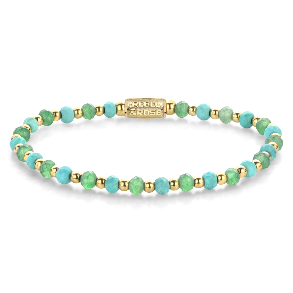 Kette mit blauen und grünen Perlen, vergoldet, 4 mm dick, elastisch und für Damen geeignet