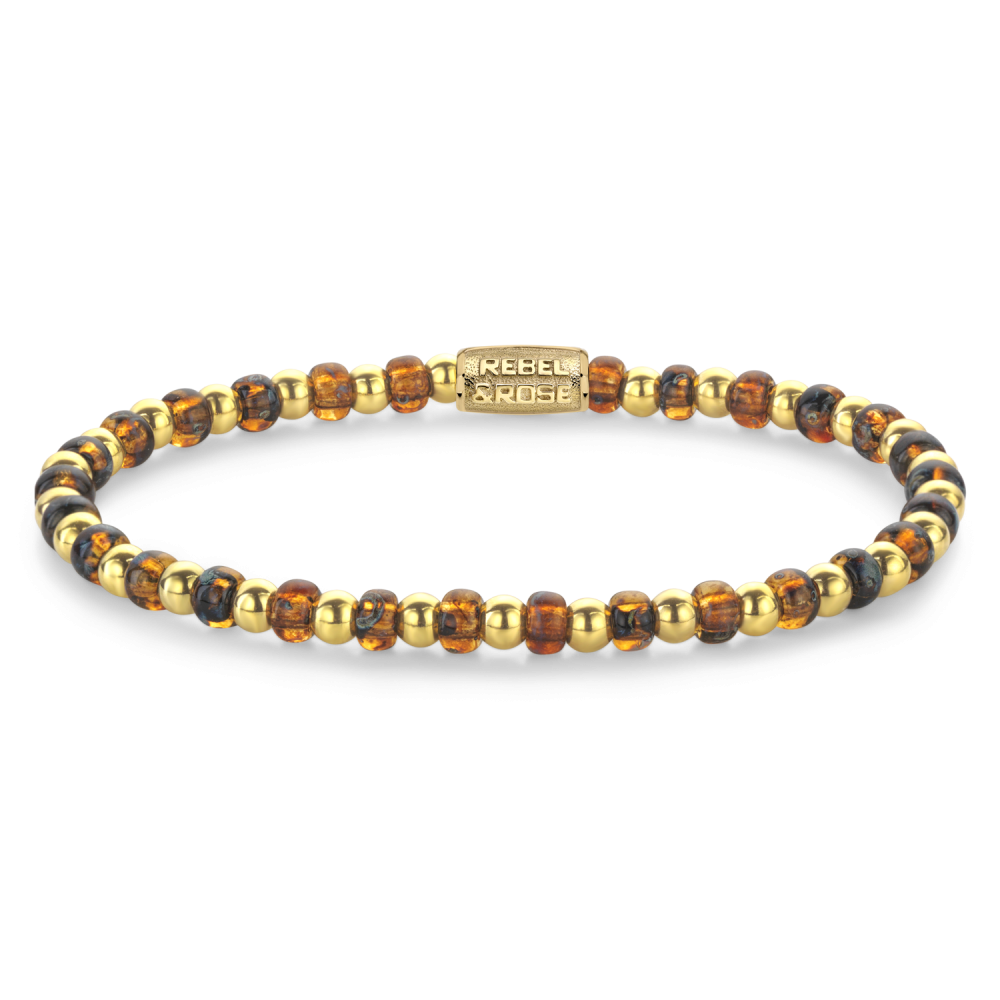 Kralenarmband für Damen mit 4 mm großen Glassteinen in Tiger-Gold und goldenen Akzenten