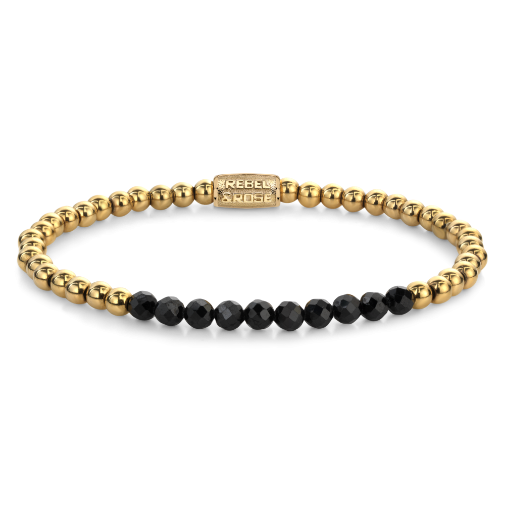 Kettenarmband mit goldenen Perlen und schwarzen Glaskristallen in der Mitte