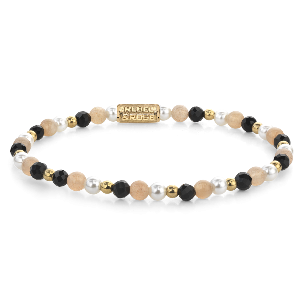 Schwarze Glam Rocks Party - 4mm - Damenarmband mit schwarzen und weißen Perlen sowie goldenen Akzenten