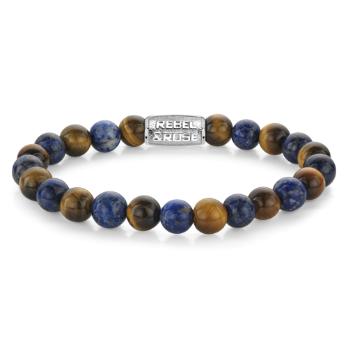 Herrenarmband aus 8 mm großen Tigerauge- und Lapislazuli-Perlen mit silberner Zwischenplatte