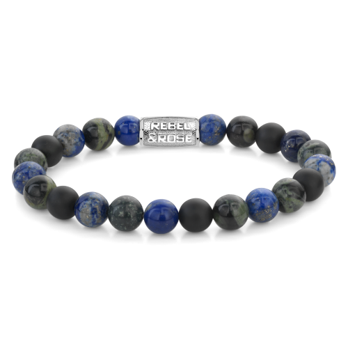 Herren Armband mit 8mm Perlen aus blauen und schwarzen Steinen sowie matten schwarzen Elementen
