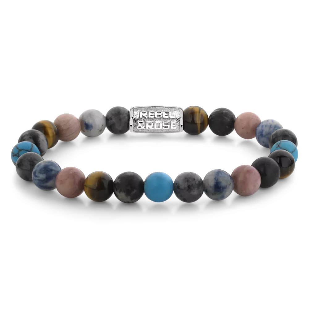 Herrenarmband aus 8 mm großen Perlen in Blau-, Schwarz- und Rosatönen mit silberner Platte