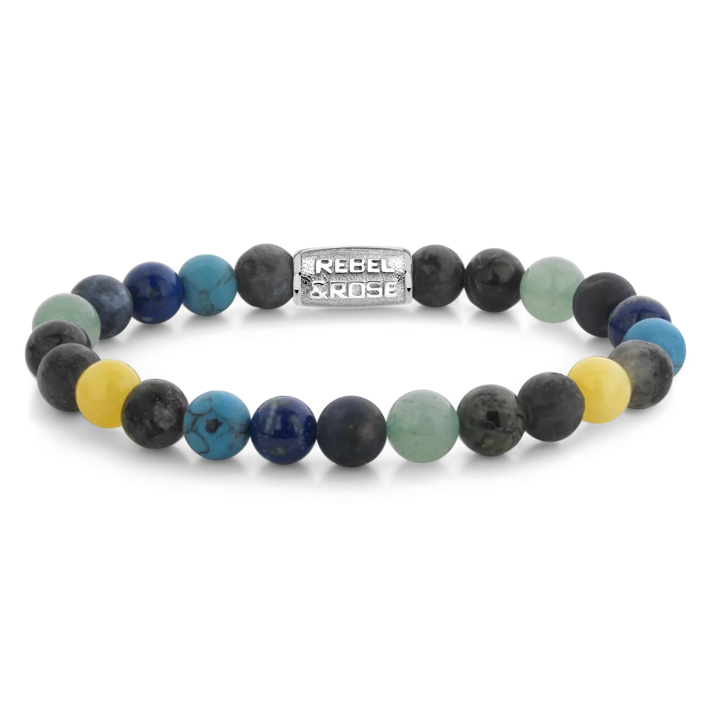 Herrenarmband aus 8 mm bunten Edelsteinen mit silbernem Element in der Mitte