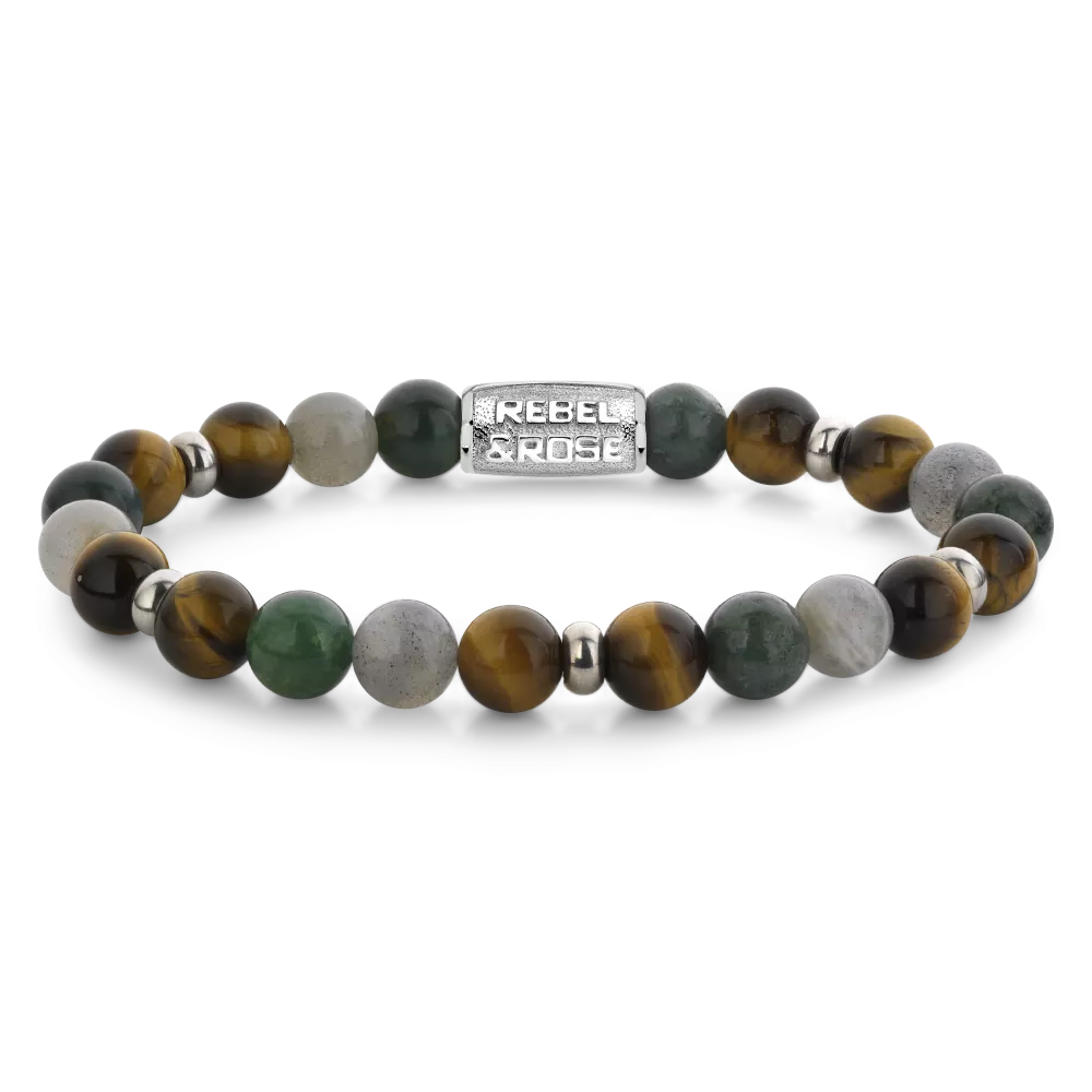 Herren Kettenarmband mit 8 mm großen Perlen aus Tigerauge, Achat und grauem Stein, mit silberner Zwischenperle