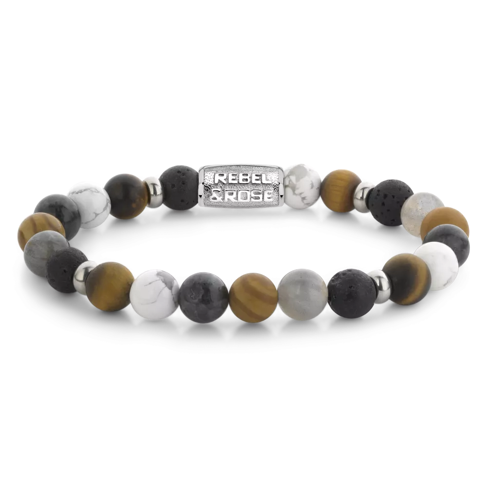 Herren-Kettenarmband mit 8 mm großen, gemischten Steinen in Schwarz, Weiß und Grau