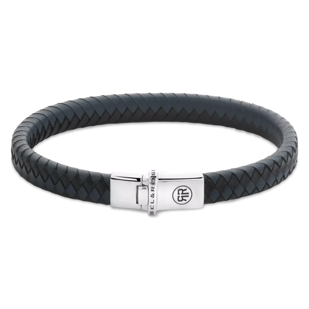 Herrenarmband aus geflochtenem schwarzem und blauem Leder mit silberner Verschlussmechanik