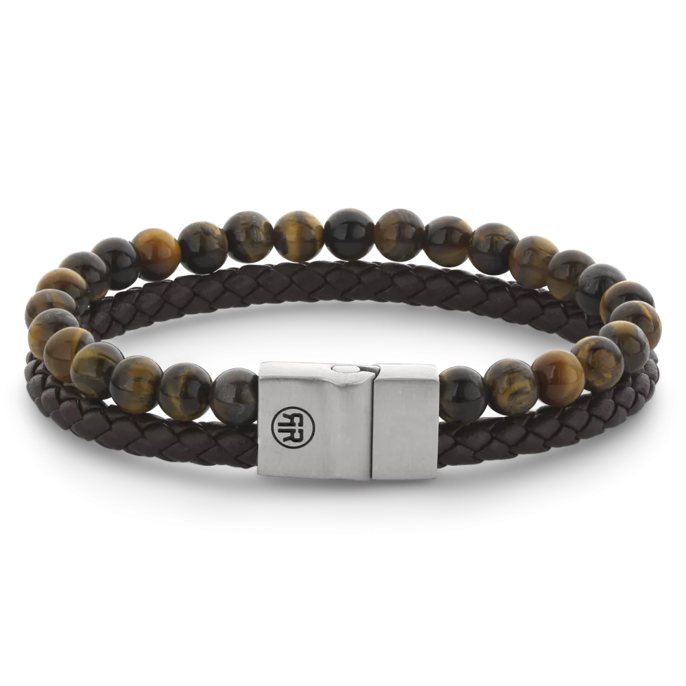 Herren Armband aus braunem Leder mit Tigerauge-Perlen und silberner Verschlussmechanik