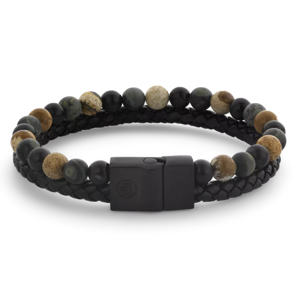 Herren Kettenarmband mit schwarzen und braunen Perlen sowie geflochtenem Lederarmband