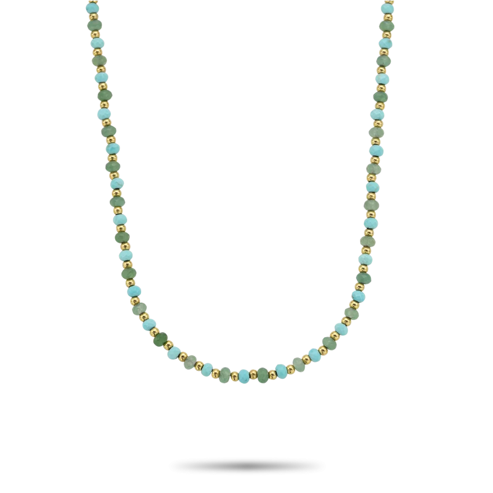 Halskette mit blauen und grünen Perlen, 4 mm, in goldfarbener Fassung