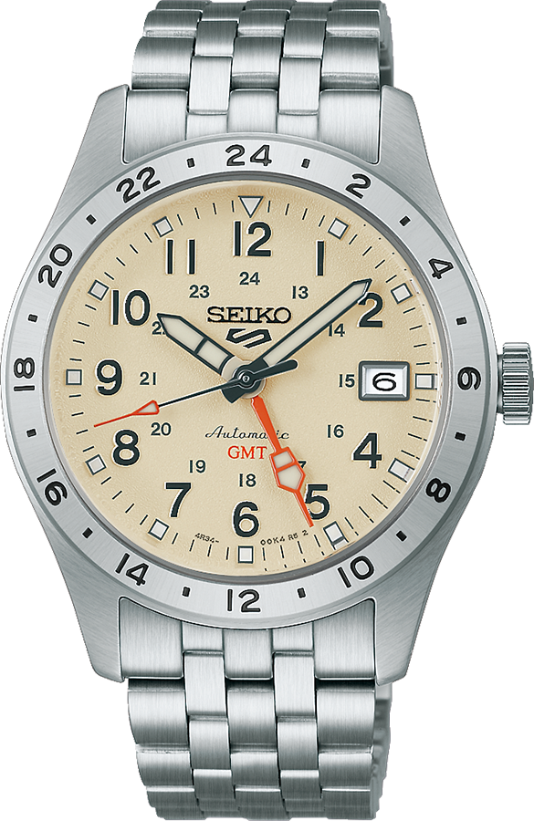 Herrenarmbanduhr mit silbernem Gehäuse, beigem Zifferblatt und rotem GMT-Zeiger