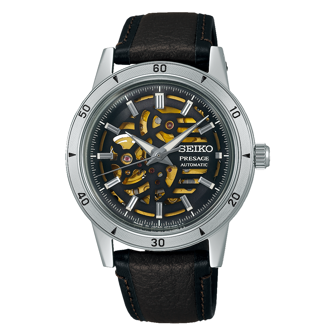 Automatik-Uhr mit schwarzem Zifferblatt, silbernem Gehäuse und braunem Lederarmband
