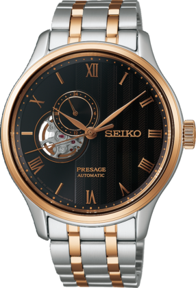 Automatische Uhr mit schwarzem Zifferblatt, silbernem und roségoldenem Gehäuse sowie offener Unruh.