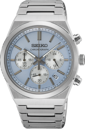 Herrenchronograph mit silbernem Gehäuse, blauem Zifferblatt und Edelstahlarmband