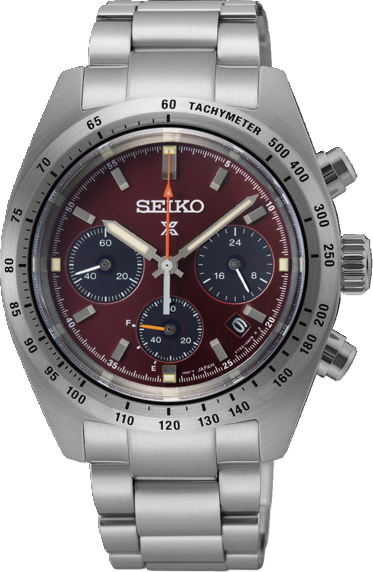 Herrenarmbanduhr mit rotem Zifferblatt, Edelstahlgehäuse, Chronograph und Tachymeter.