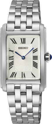 Damenarmbanduhr von Seiko mit silbernem Gehäuse, weißem Zifferblatt und römischen Ziffern