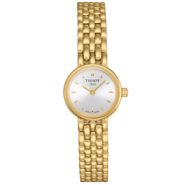 Dameuhr mit goldenem Gehäuse, silbernem Zifferblatt und goldenem Armband