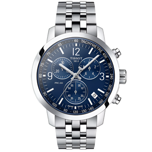 Hochwertige Tissot PRC 200 Chronograph mit blauem Zifferblatt und Edelstahl-Armband