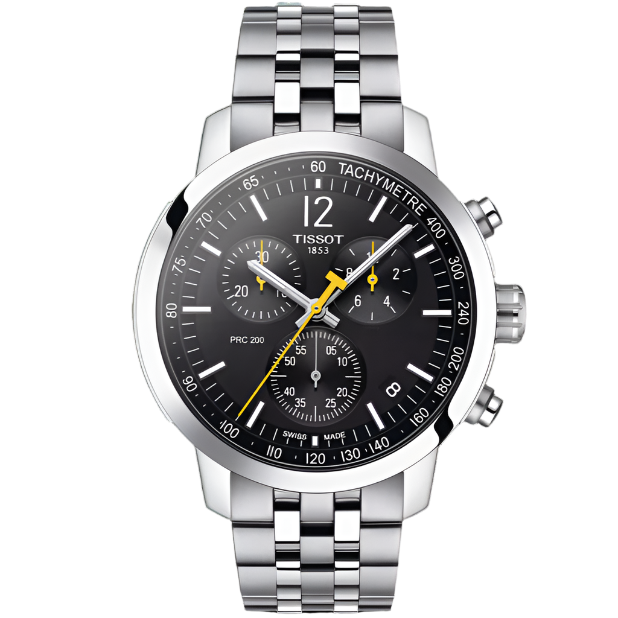 Herrenchronograph mit schwarzem Zifferblatt, silbernem Gehäuse und Edelstahl-Armband