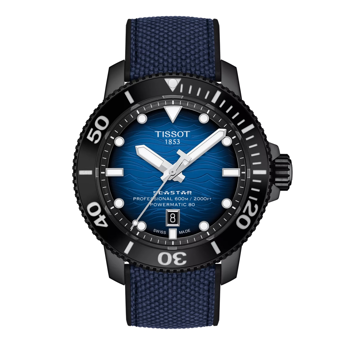Taucheruhr mit schwarzem Gehäuse, blauem Zifferblatt und blauem Textilarmband