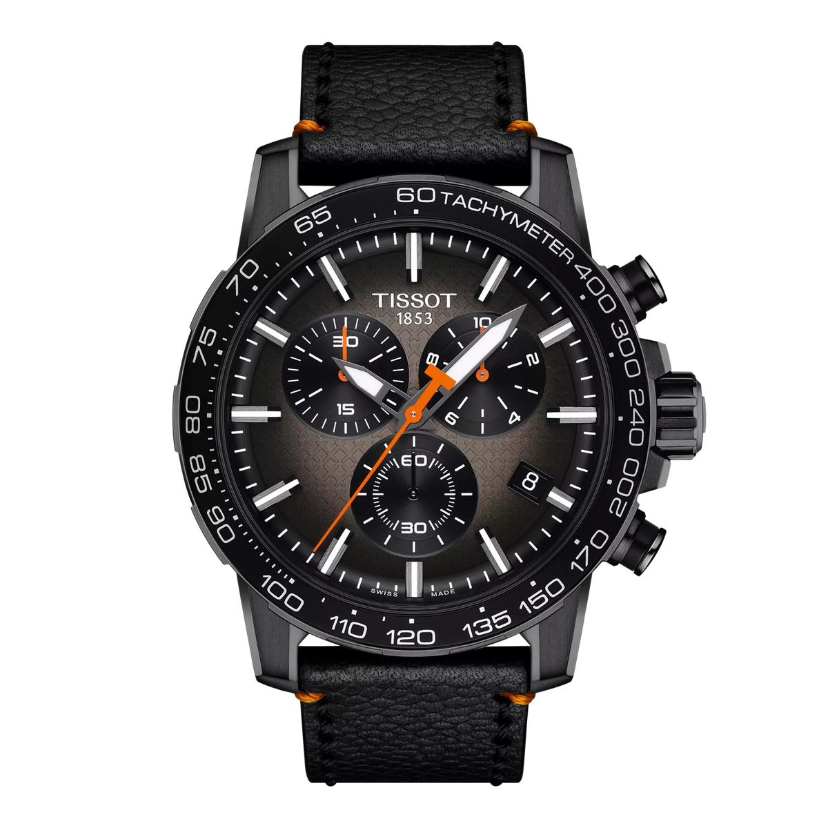 Sportliche Tissot Supersport Chrono mit schwarzem Zifferblatt, schwarzem Lederarmband und orangefarbenen Akzenten