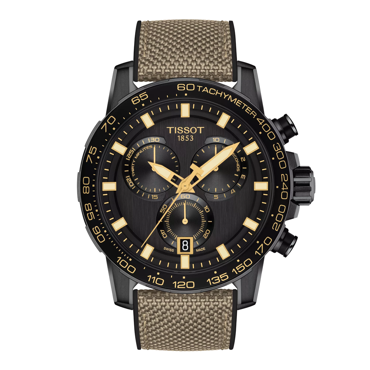 Chronograph mit schwarzem Zifferblatt, goldenen Zeigern und braunem Mesh-Armband