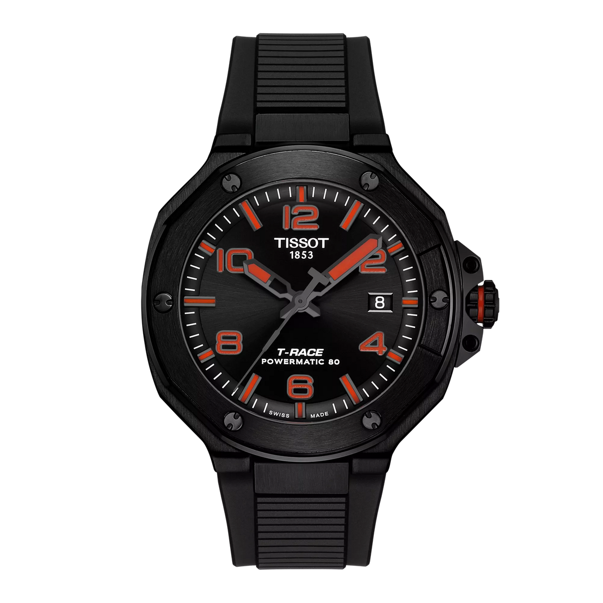 Schwarze Tissot T-Race Powermatic 80 Uhr mit schwarzem Zifferblatt und roten Akzenten