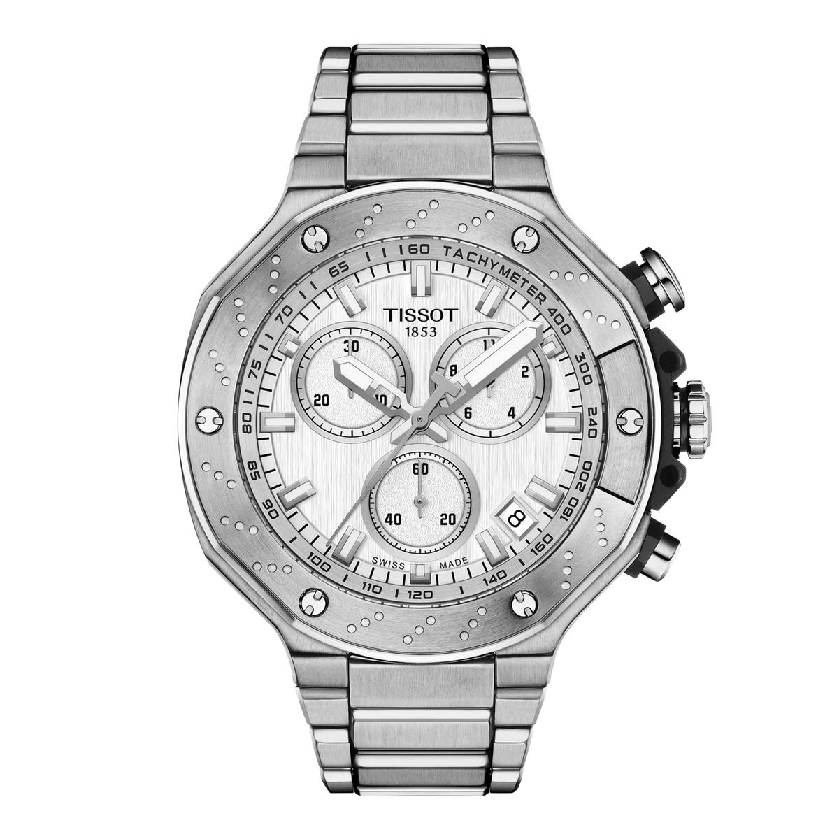 Herrenchronograph mit silbernem Gehäuse, silbernem Zifferblatt und Edelstahlarmband.