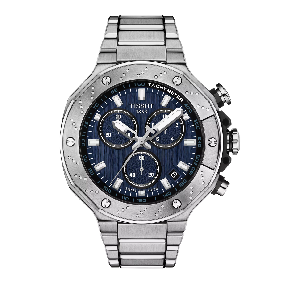 Chronograph mit blauem Zifferblatt, silbernem Gehäuse und Edelstahl-Armband