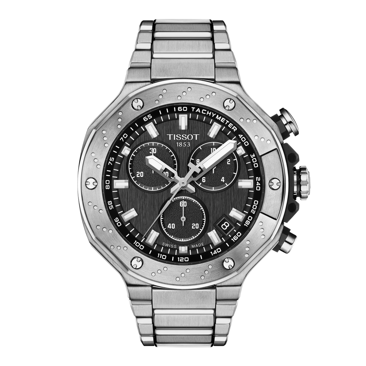 Chronograph mit schwarzem Zifferblatt, silbernem Gehäuse und Edelstahl-Armband