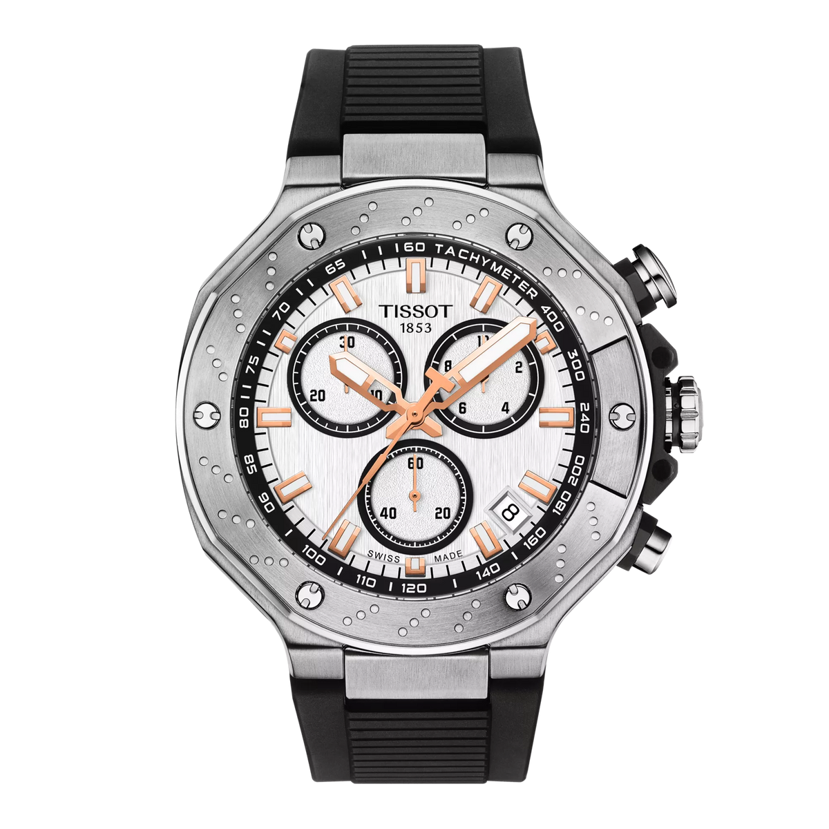 Chronograph mit silbernem Zifferblatt, schwarzem Gummiarmband und orangefarbenen Akzenten
