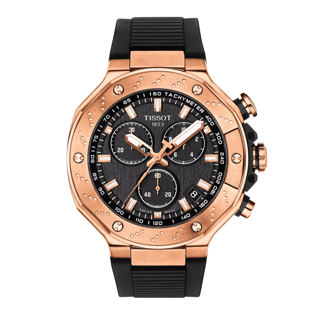 Tissot T-Race Chronograph mit schwarzem Zifferblatt und roségoldenem Gehäuse, schwarzem Silikonarmband