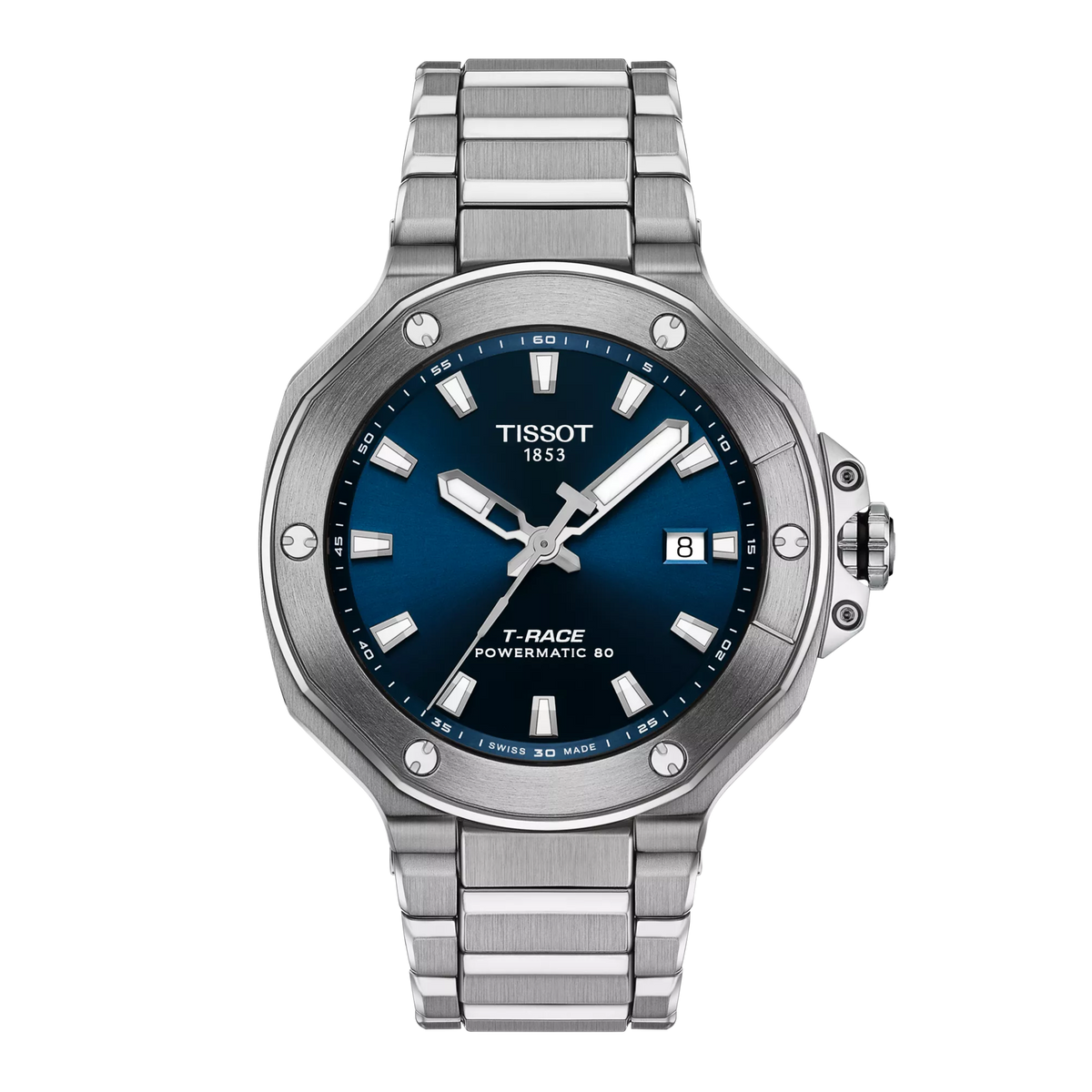Herrenarmbanduhr mit blauem Zifferblatt, Edelstahlgehäuse und -armband, Datumsanzeige und Lünette mit Steinen