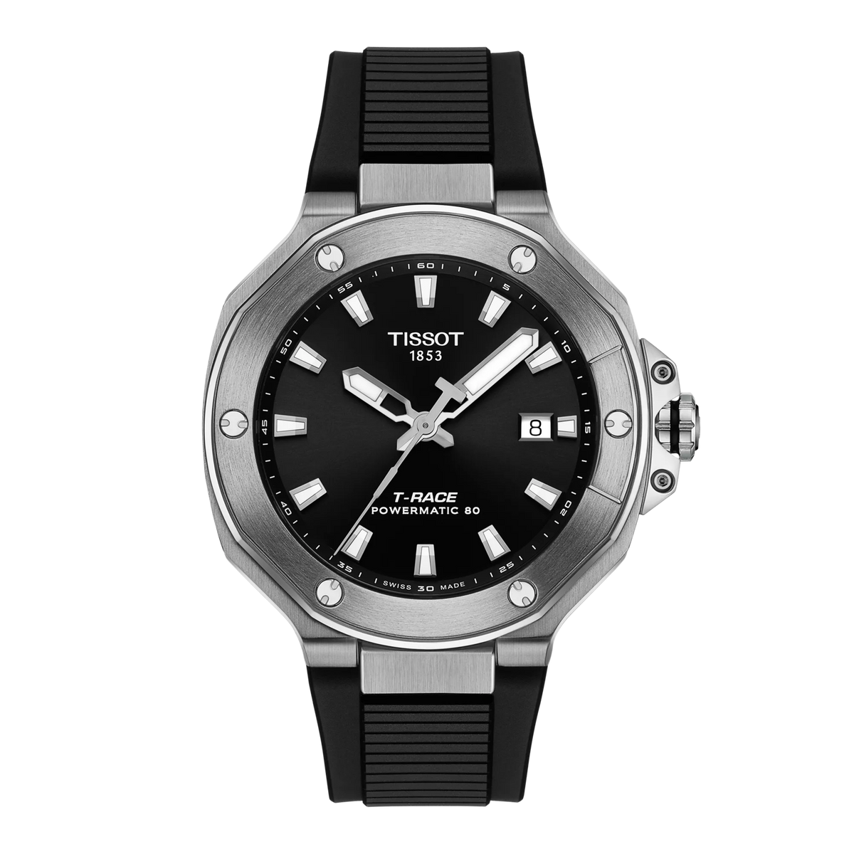 Uhr Tissot T-Race Powermatic 80 mit schwarzem Zifferblatt und schwarzem Gummiarmband