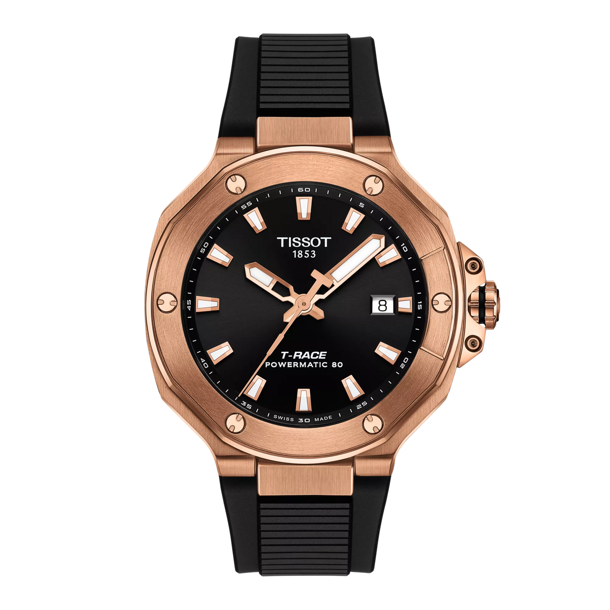 Uhr Tissot T-Race Powermatic 80 mit schwarzem Zifferblatt und roségoldenem Gehäuse, schwarzem Silikonarmband